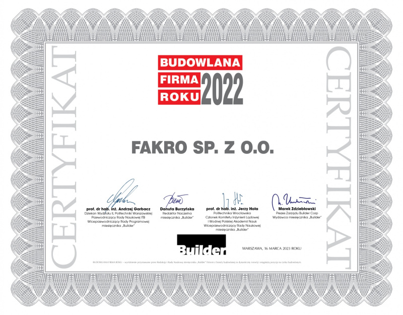 FAKRO Budowlaną Firmą Roku 2022. JANUSZ KOMURKIEWICZ Osobowością Branży 2022 Certyfikat-BFR-202218