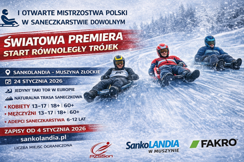 FAKRO partnerem I Otwartych Mistrzostw Polski w Saneczkarstwie Dowolnym Sankolandia2026 - baner