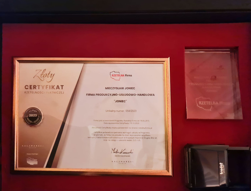 ZŁOTY CERTYFIKAT RZETELNOŚCI DLA FIRMY JONIEC® Gala Certyfikatow Rzetelnosci_poprawa